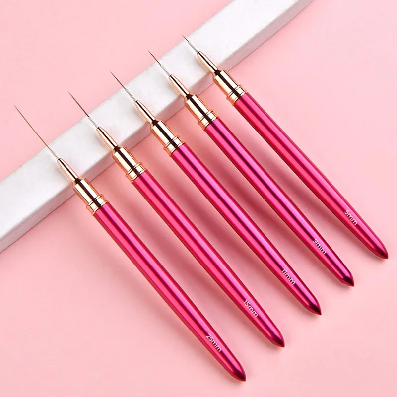 

Luxury 5/7/9/11/15/25 mm Nail Art Liner Brush Rose Red Metal Handle Nylon Hair Detail Nail Pen Set Nail Art Brushes Liner