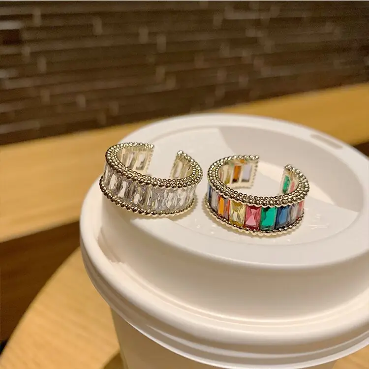 

Classic Creative Luxury Fashion Gold Colorful Diamond Ring Opening Adjustable Unisex Rainbow Zircon Ring For Men And Women