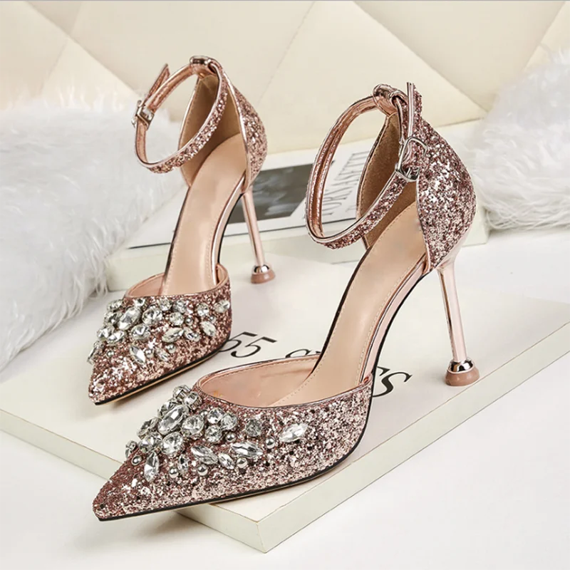 

2021 New Arrival Sexy Champagne Gold Paillette Upper Pointed Toe Women Pumps Shoes Singback Ankle Strap Ladies High Heel Shoes, Red/black/silver/gold/rose gold/champagne