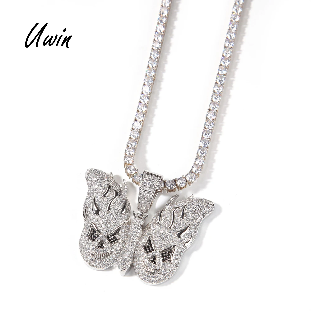 

New Arrical Shiny Fire Butterfly Pendant CZ Necklace Bling Zirconia Pendant With Tennis Chain Wholesale Hip Hop Jewelries