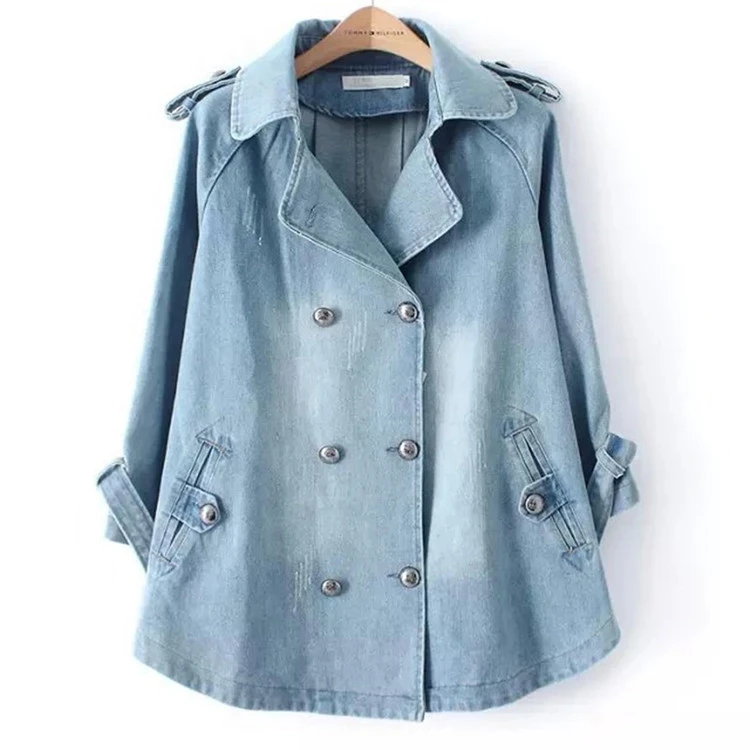 

latest Jacket Coat Women Outwear 3/4 Sleeve Turn-down Collar Double Breasted Jeans Dress Coat