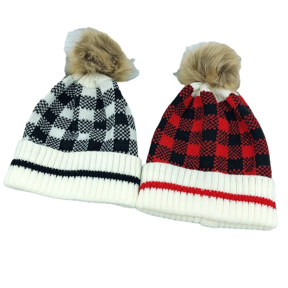 

Free Shipping Warm Removable Pom Christmas Pom Beanies Mom And Me Plaid Knitted Hat, 2 color