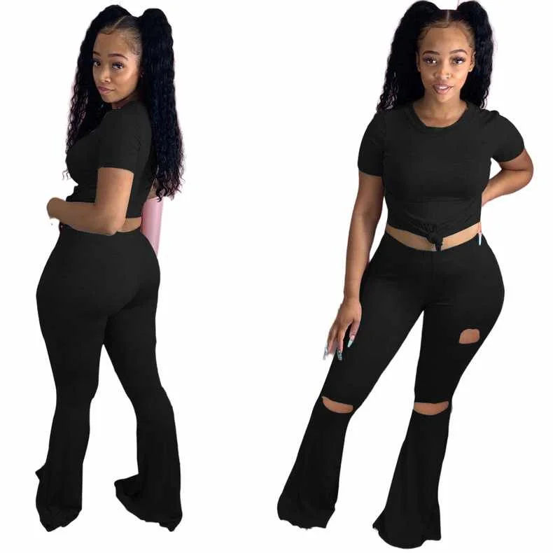 

Casual Club Solid Color Long Wide Leg Flare Pants Short Sleeve Tops+Pants 2 Two Piece Set Women Clothing, Picture color