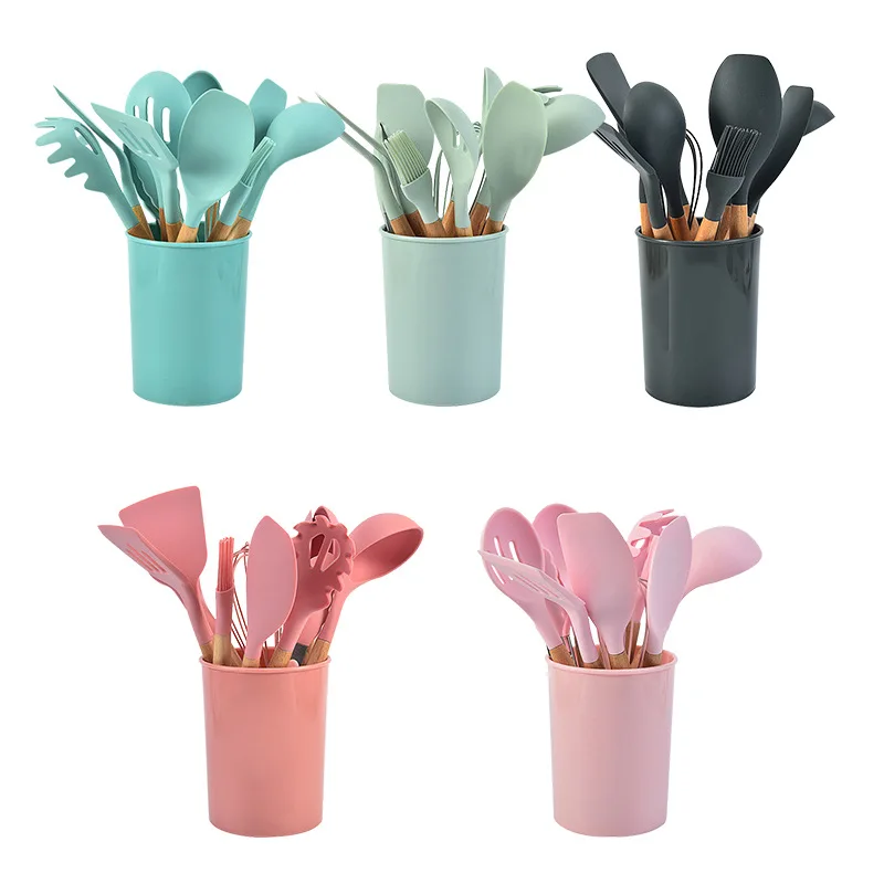 

Modern Heat Resistance Pink Kitchen Ware Accessories Wooden Handle Cooking Tools Silicone Spatula Kitchen Utensil Set