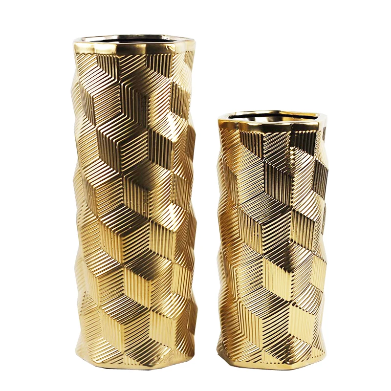 

Newest Gold 3D Grid Ceramic Modern Vase For Luxury Home Decorative, Golden