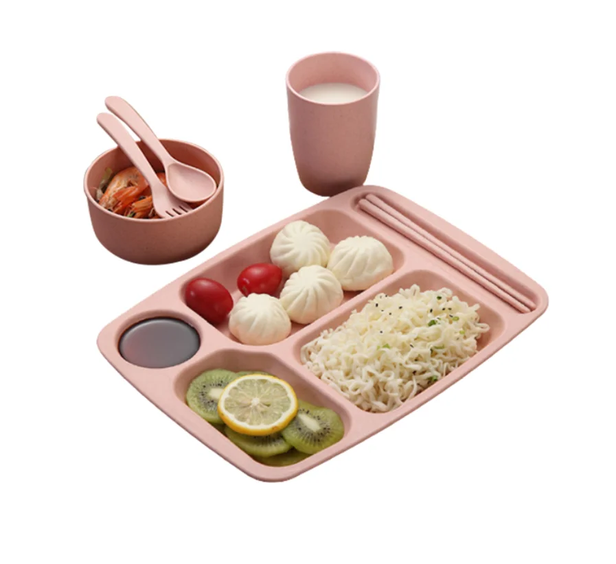 

2021 trend Disposable hotel restaurant Wheat Straw Kids Food Divided Snack serving pp baby Tray plate with Flatware Set, Customized color acceptable