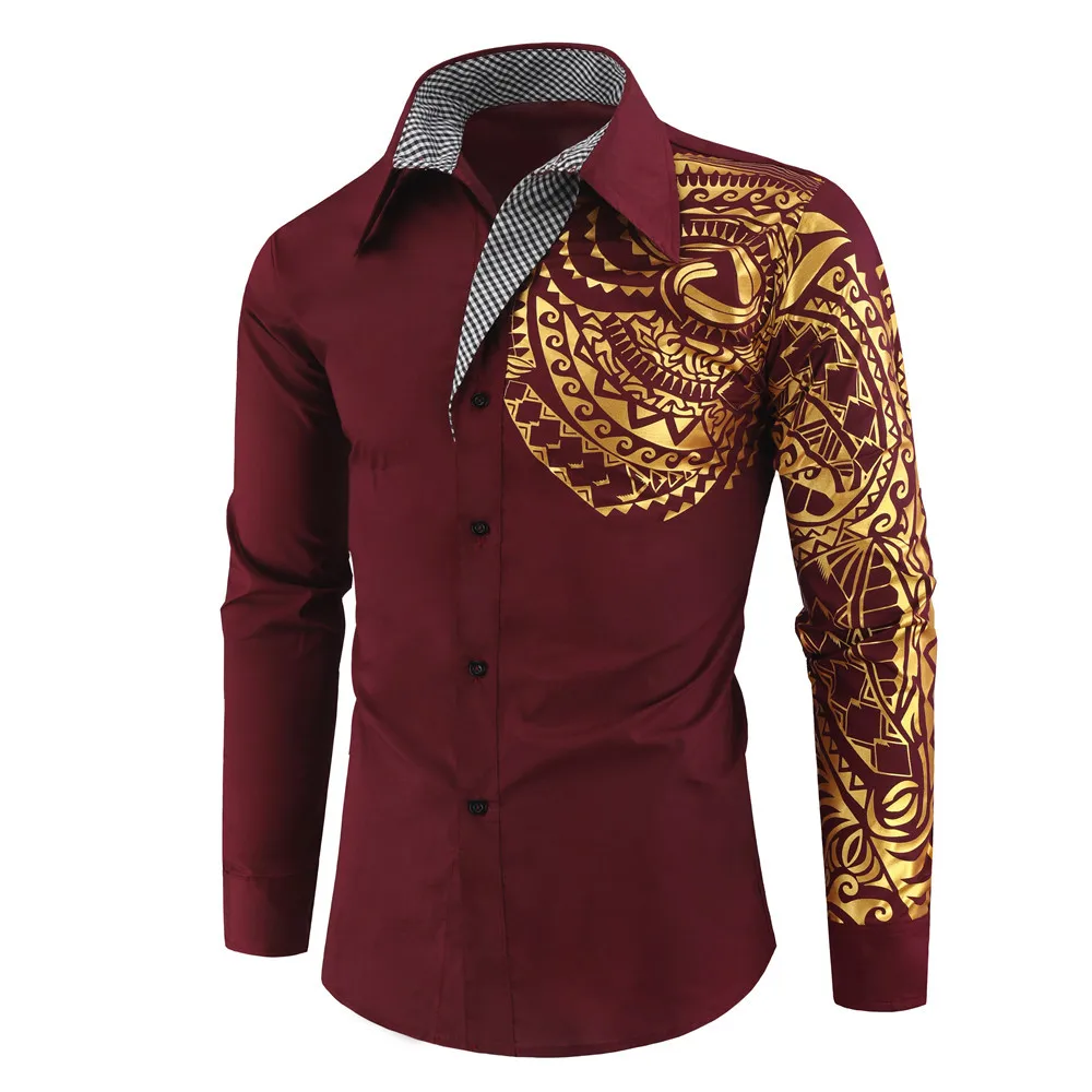 

Bangladesh Hot Selling Fashion Men's Shirt Creative Bronzing Printed Long Sleeve Shirt, Custom color