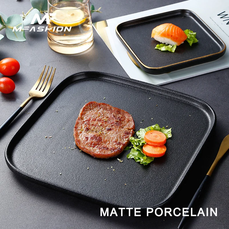 

Mfashion Japanese luxury gold rim matte black porcelain ceramic square rectangular plate restaurant sushi serving plate dish