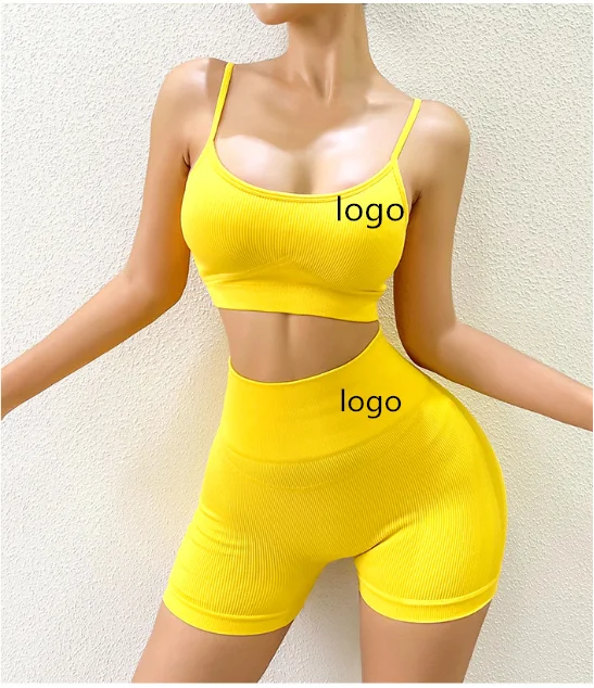 

neon color Wholesalers Women's Sleeveless Tight Yoga Suit Short fitness clothing Ribbed Yoga Set, Solid