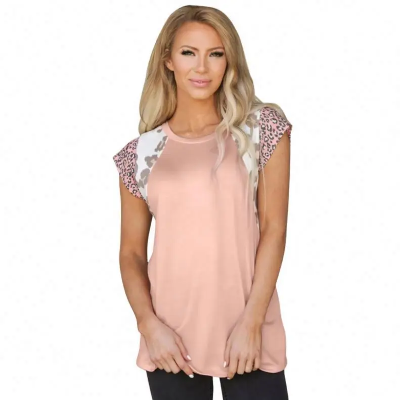 

New Arrival Summer Custom Pink Leopard short Sleeve Casual Ladies Blouses Women