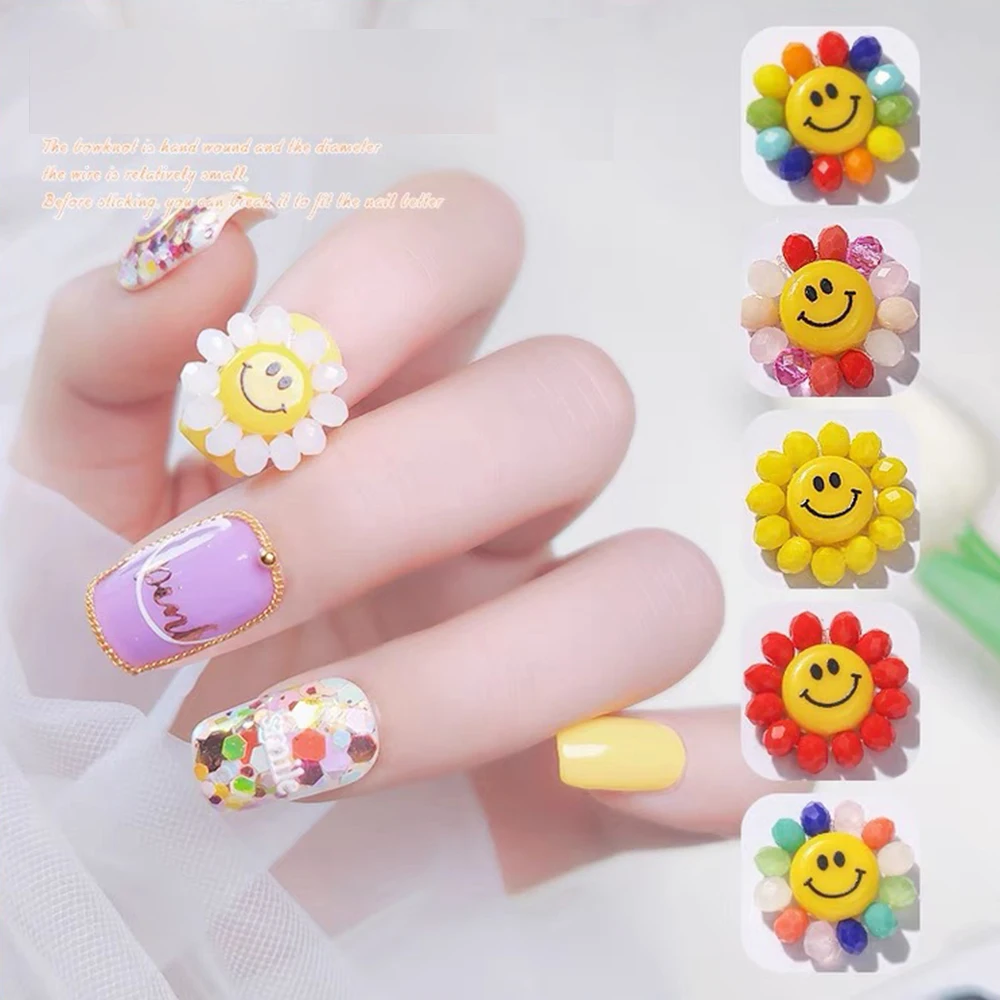 

Kawaii Nail Art Smile Sunflower Cartoon Colorful Nail Decoration Crystal 3D Charms Manicure Accessories Japanese Nail gems