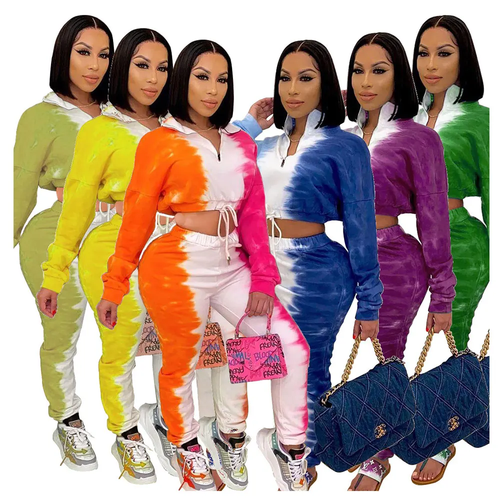 

2020 Wholesale Autumn Fashion Casual Plus Size Women Clothing Tie Dye Tracksuit Sweatsuit 2 Two Piece Pants Set, Picture color