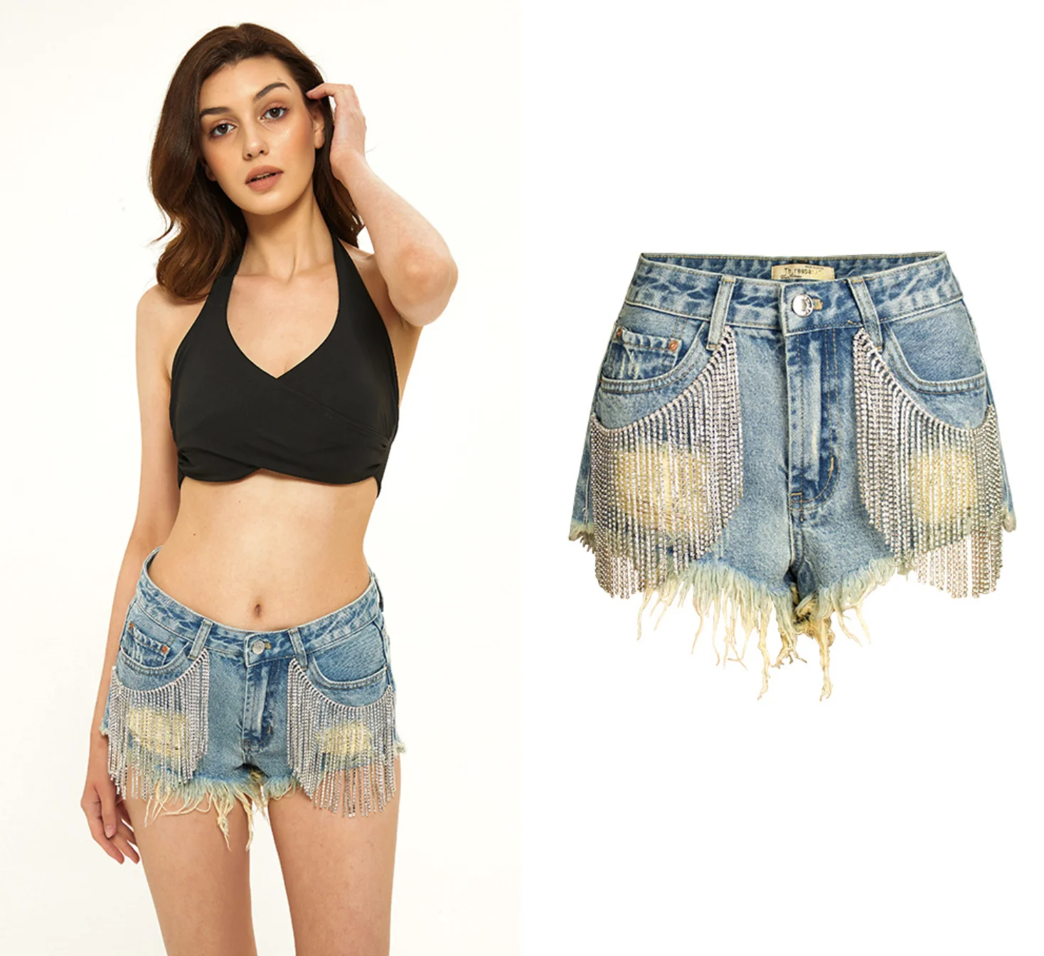 

Wholesale High Waist Women Diamond Chain Tassel Jeans Denim Shorts, Picture color