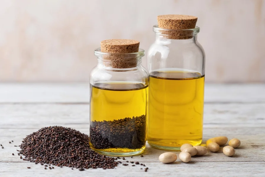 Black cumin seeds in glass jar next to black seed oil bottle and supplement capsules