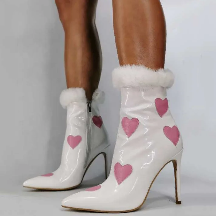 

Large Size 43 Smooth Upper Heart-shaped Pattern Short Booties for Women Stiletto Boots Ladies Pointed Toe Warm Fur Top Boots, White