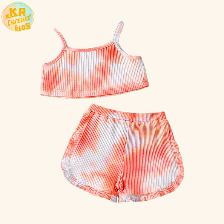 

New Fabric Tie-dye Pit Sleeveless Tank Top Girls' Shorts Two Piece Pants Set Kids Clothing Sets, Customized color