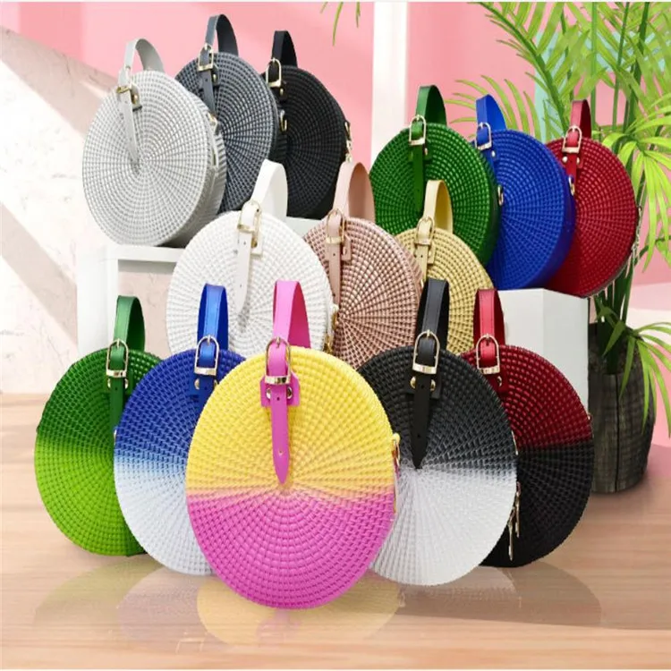 

PVC Jelly bag woven frosted round hand-held women's bag with mixed color cross-span bag, Yellow pink, blue white, green, black white, red black,