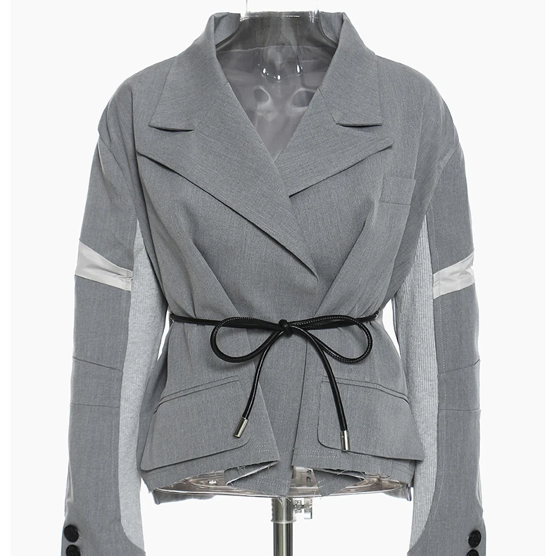 

Women Blazer Patchwork Irregular Women Blazers Jackets Asymmetry Color Matching Bandage Gray Womens Blazer Long Sleeve