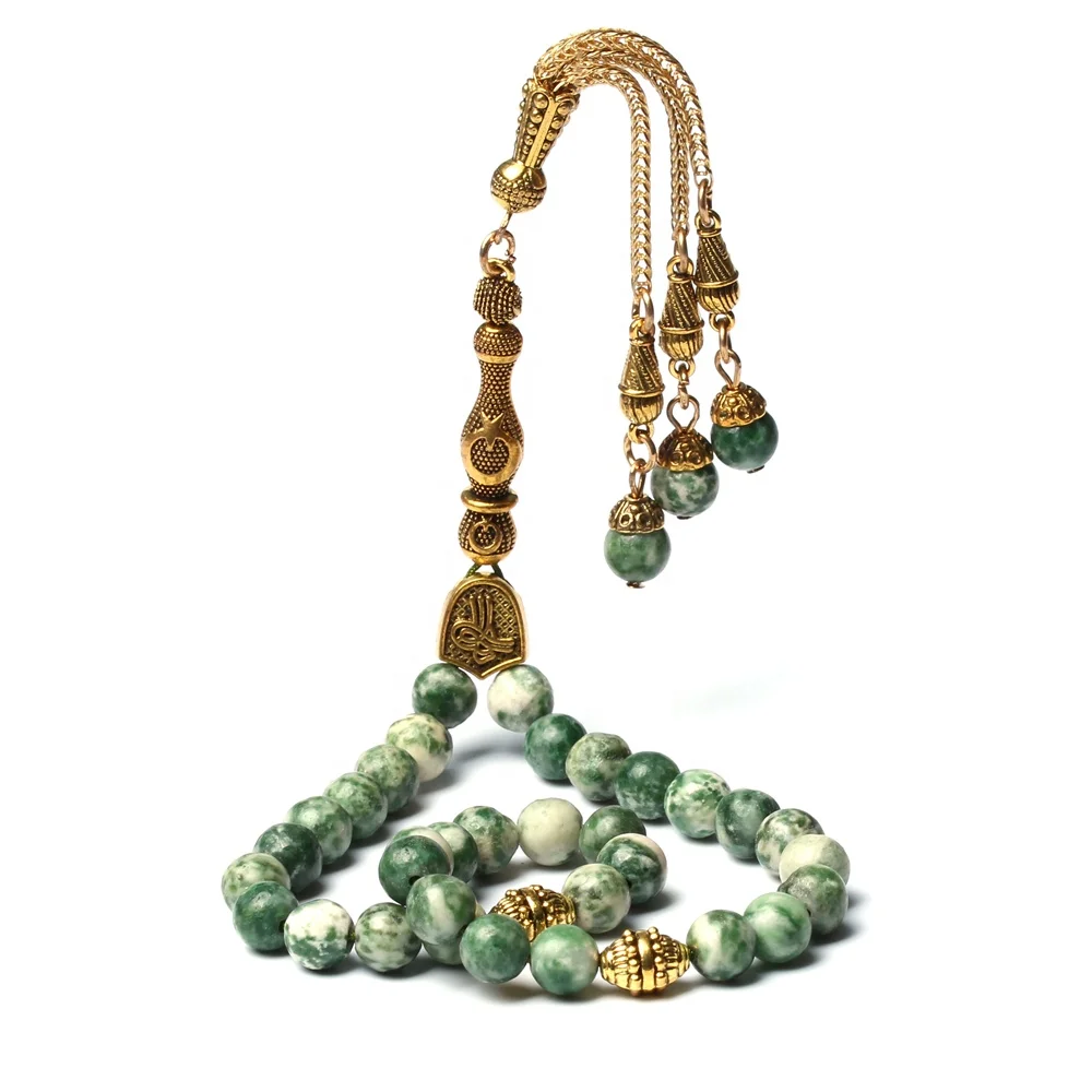 

Handmade natural Green spot stone beads 33 islam muslim prayer beads misbaha