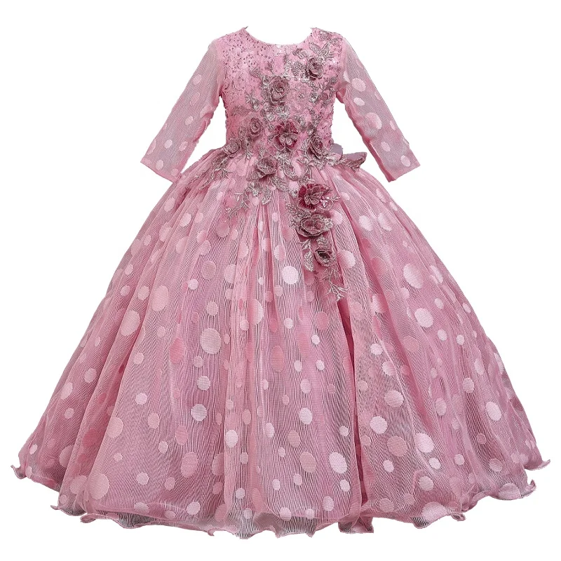 

X209 New design Sequined wave-point long-sleeved dress Flowers Decorate the Banquet Princess Skirt