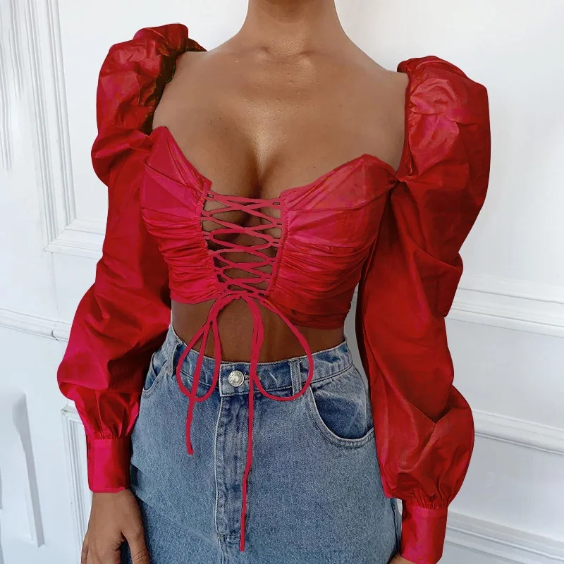 

QCET769 Autumn Long sleeve V-neck and rope tie front crossed strings girl corset blouse women long sleeve top, As picture or customized