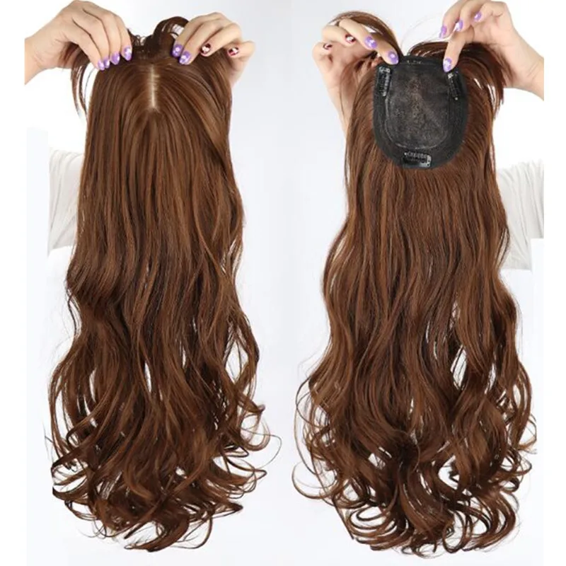 

Wholesale Stock Hairpiece 60cm Synthetic 3D Clip in Topper with Bangs Fringe Magic Hair Extensions Black Brown Wavy Style