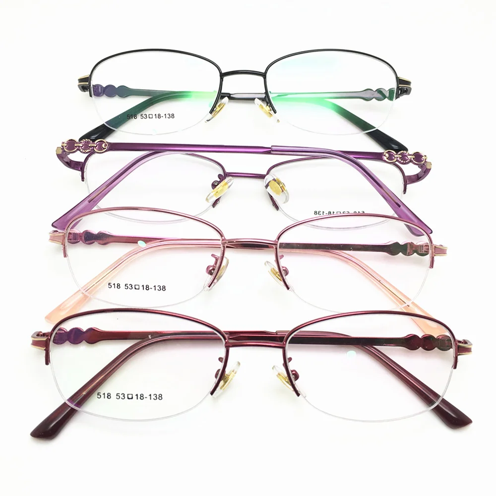 

Fashionable upscale brand new eyeglass frame wholesale ladies ultra light half frame optical metal glasses frame 518, Custom colors