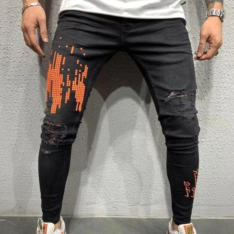 

men fashion jeans black sport printed hole jeans at low price