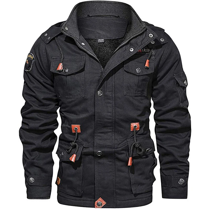
2019 Fashion Coat Big Pockets Mens Outdoor Jacket Winter 4XL Fleece Hooded Tactical Jacket 
