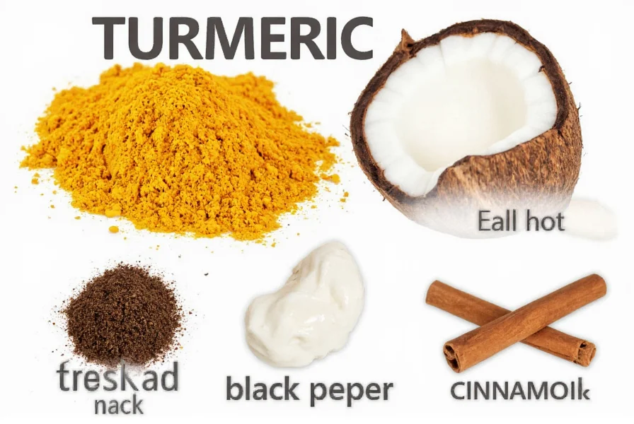 Turmeric milk ingredients: fresh turmeric, black pepper, coconut milk, cinnamon