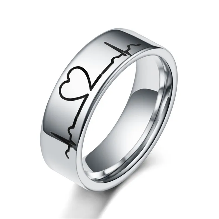 

Custom Stainless Steel Couple ECG Heart Rate Weddings Statement Finger Rings for Lovers Women Men Gifts, Silver,gold,black,blue