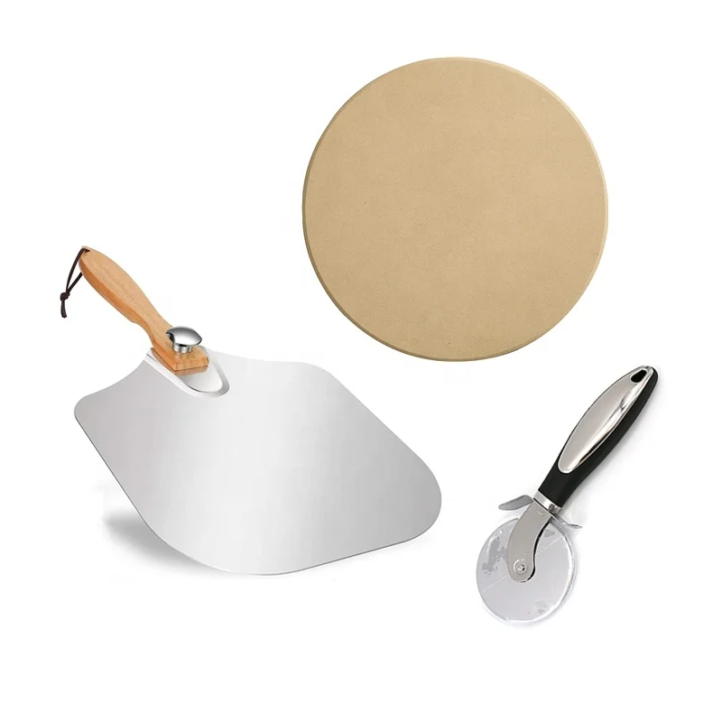 

Amazon Hot Selling Oven Baking Cordierite Pizza Stone And Foldable 14' Aluminum Pizza Peel Set With Cutter Wheel Tools