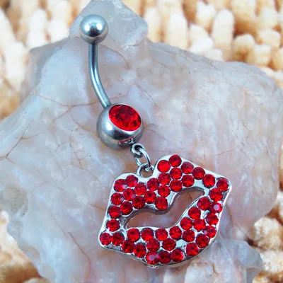 

Simple Design Sexy Women Lip Belly Button Ring Red Crystal Mouth Lip Pendant Navel Belly Ring