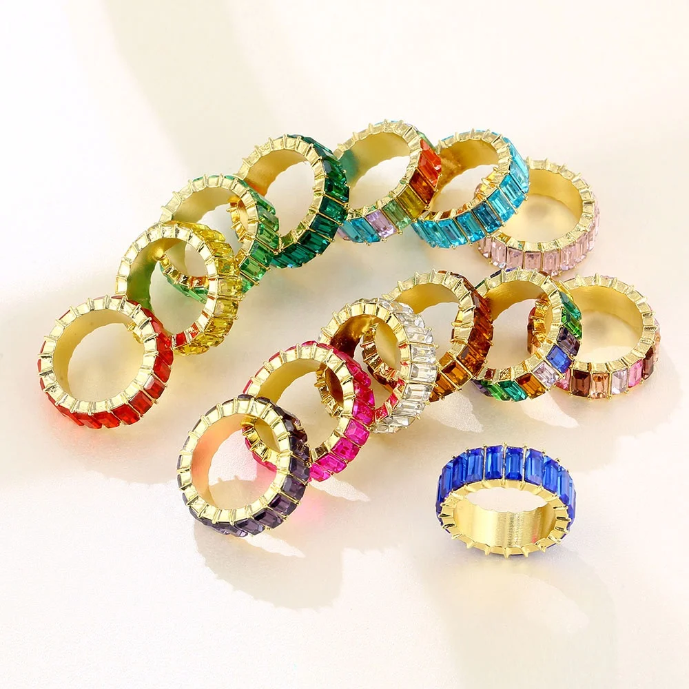 

Colorful Dainty fashion Rainbow Ring Multi Color Crystal Eternity Square Baguette Finger Ring Women Female Wedding Jewelry