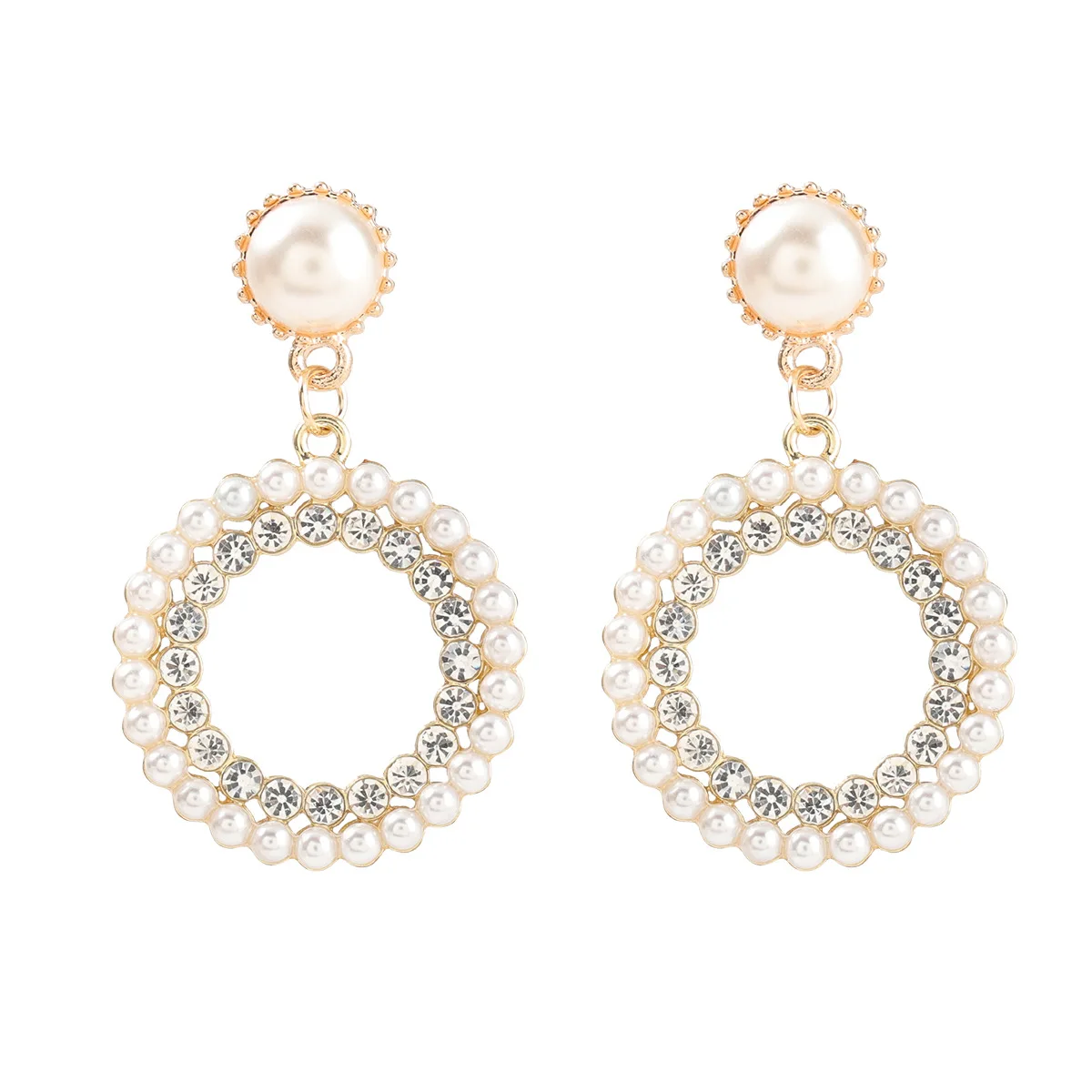

New design Elegant Clear Crystal White Round Circle Double Layer Pearl Rhinestone Earrings For Fashion Girls Gift