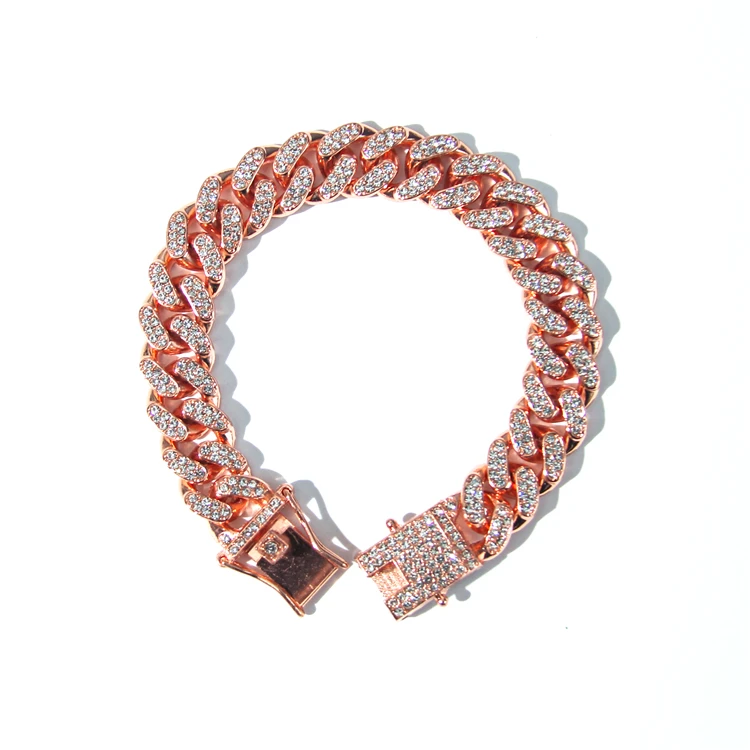 

2021 Hot Selling Hips Hops Jewelry Chunky Iced Cuban Bracelet Rose Gold Plated Cuban Link Bracelet