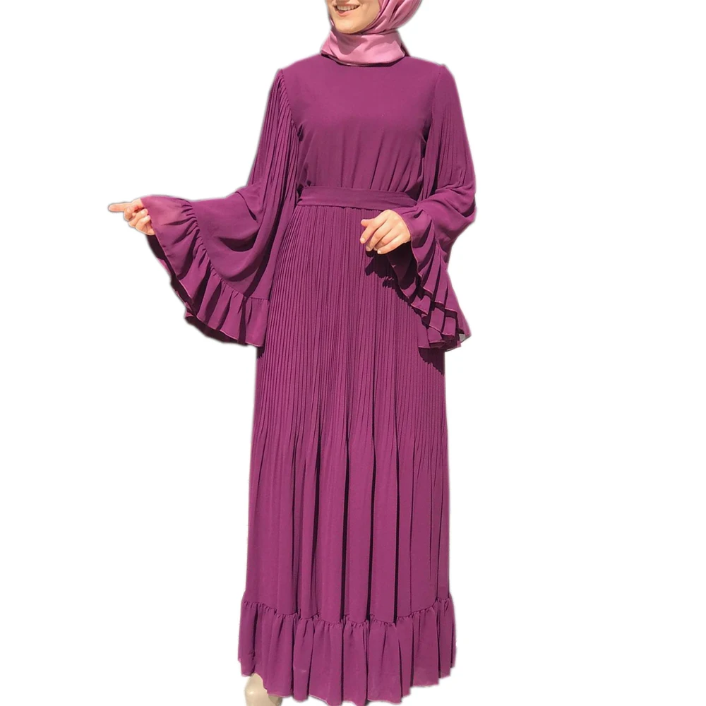 

Solid Color Loose Women Dress Dubai Double Chiffon Long Pleated Skirt Muslim Abaya Dress Islamic Clothing, Customized colors
