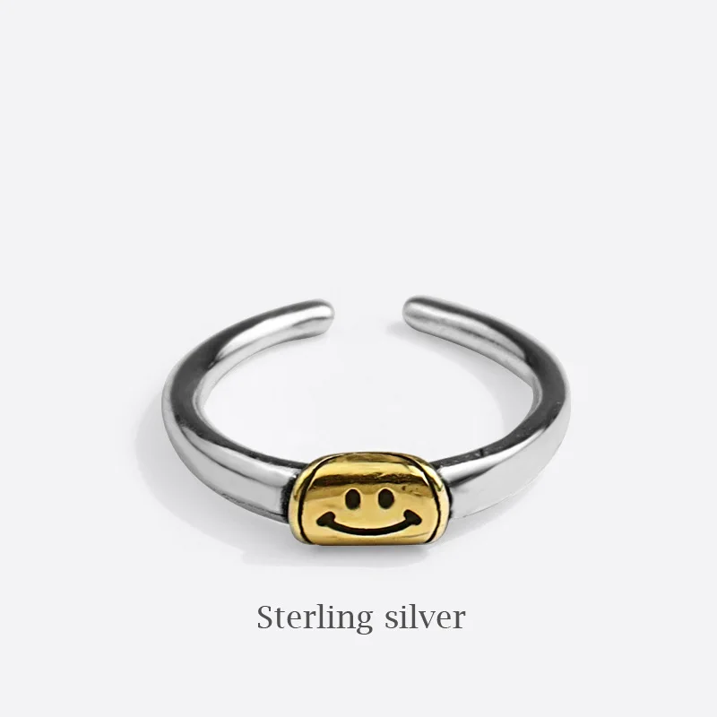 

European Vintage Silver Happy Smiling Face Adjustable Ring Wholesale Punk Jewelry 925 Sterling Silver Plated Smile Face Rings