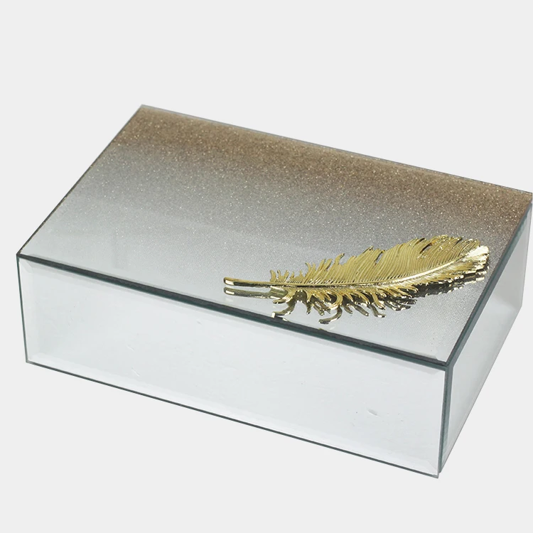 

Rectangle Gold and Silver Luxury Love Mirror Glass Jewelry Box With Golden Feather Crystal Bright Colors Velvet Inside
