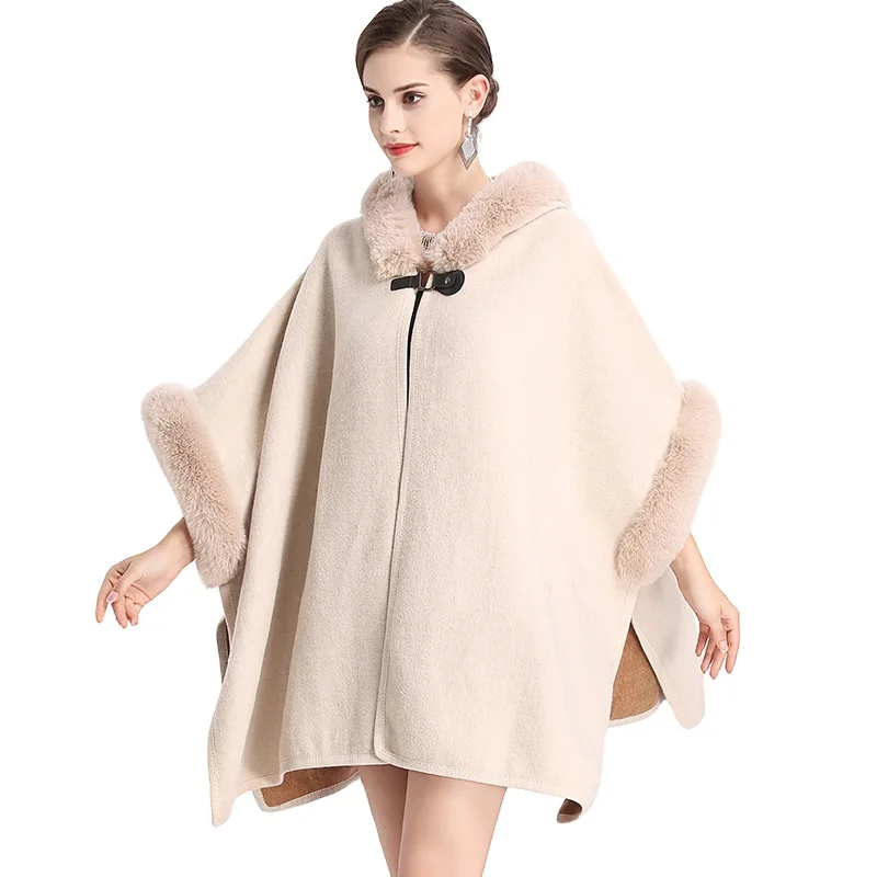 

Jtfur 2020 winter faux rex rabbit fur collar double-sided cloak women cardigan shawl coat with hood, Customized color