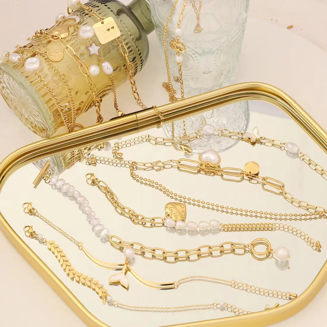 

Fashion Gold Plated Bracelet Personality Pearl Bracelet Star Moon Stainless Steel Jewelry Heart Bracelet Jewelry Set