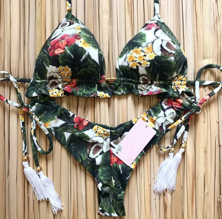 

2020 womens Printed bikini swimsuit new fringe strap two piece set swimwear, Customized color/as show