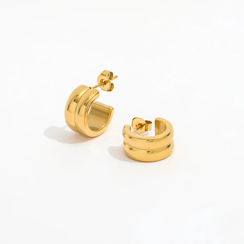 JOOLIM  High End 18K Gold Plated Shiny Double-layer Band C Chunky Hoop Earrings Jewelry Stainless Steel for Women