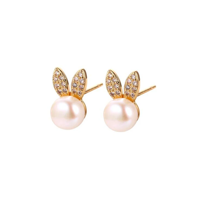 

14K Gold Filled Stud Earrings 6-6.5mm White Natural Freshwater Pearl Cute Rabbit Stud Earrings for Women Party Jewelry Gifts