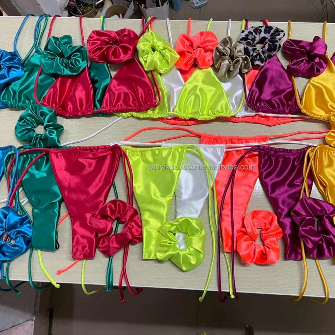 

Tie Detail Bikini With Slit Skirt Set Three-piece Swimsuit Micro Satin Bikini with Scrunchies 2021, Customized color