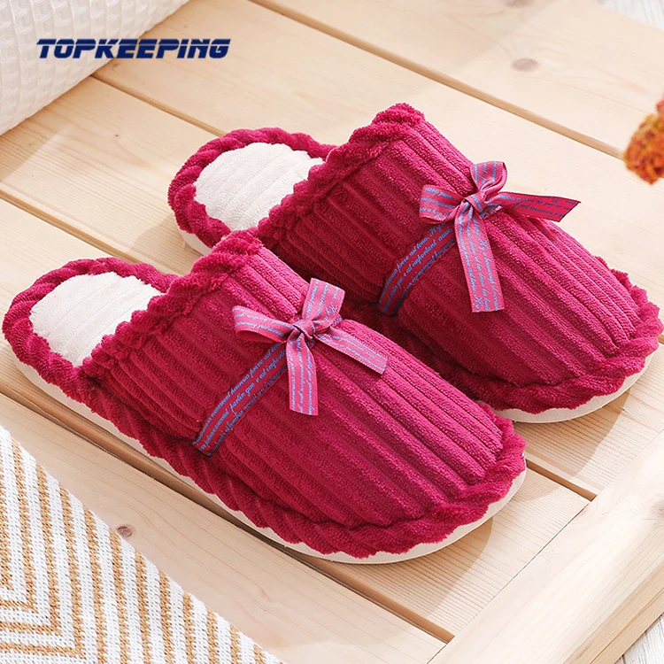 

1D0096 Bow Knot Woman Red Vegan Faux Fluffy Slip-on Fur Slipper