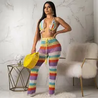 

2019 summer beach rainbow sexy women clothing bikini beachwear halter neck crochet 2 piece outfit two piece set