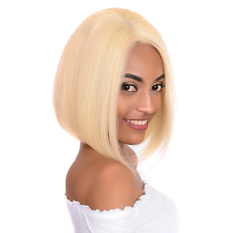 

Parksonhair Straight Short 4x4 Lace Closure 150% Density Pre Plucked Brazilian Virgin Remy blonde color 613 Hair Bob Wigs