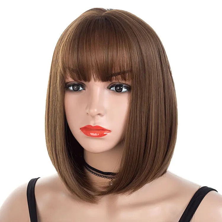

Hot Sale Cheap Brown Short Wigs Bob Style Straight Synthetic Black Women's Wig with Bangs 12 Inches Soft Hair Blonde Wig