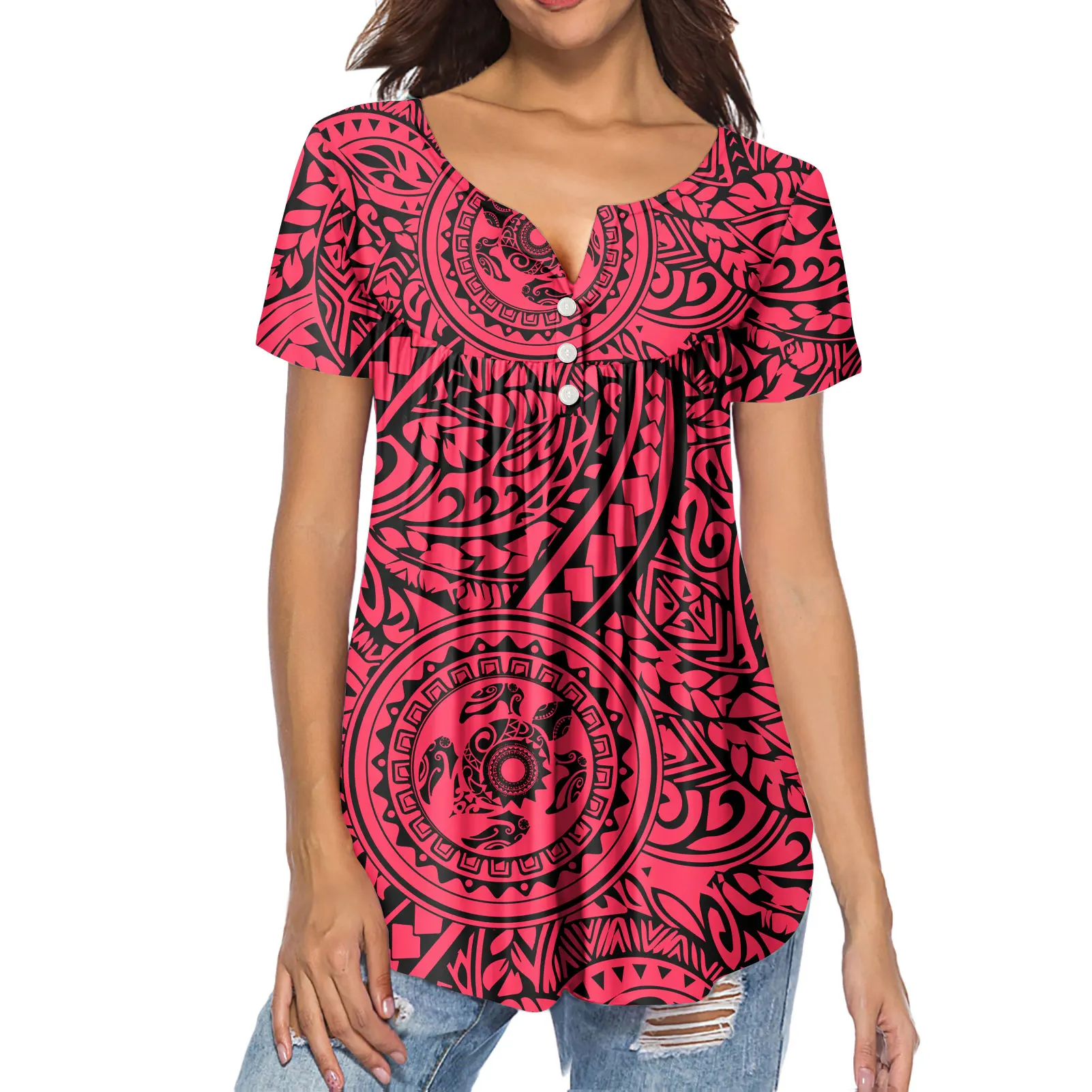 

Red Hawaii Designs Polynesian Tribal Print Women Shirts And Blouses Custom Special Blouses For Ladies cool Chiffon Blouses, Customized color